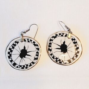 Hook Earrings Halloween Round Medallion Spider in Web Black White Gold